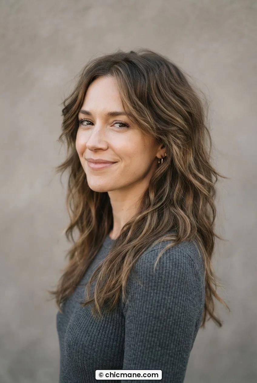 Woman with grown-out shag at past-shoulder length showing layered wavy movement under gentle grey studio side lighting