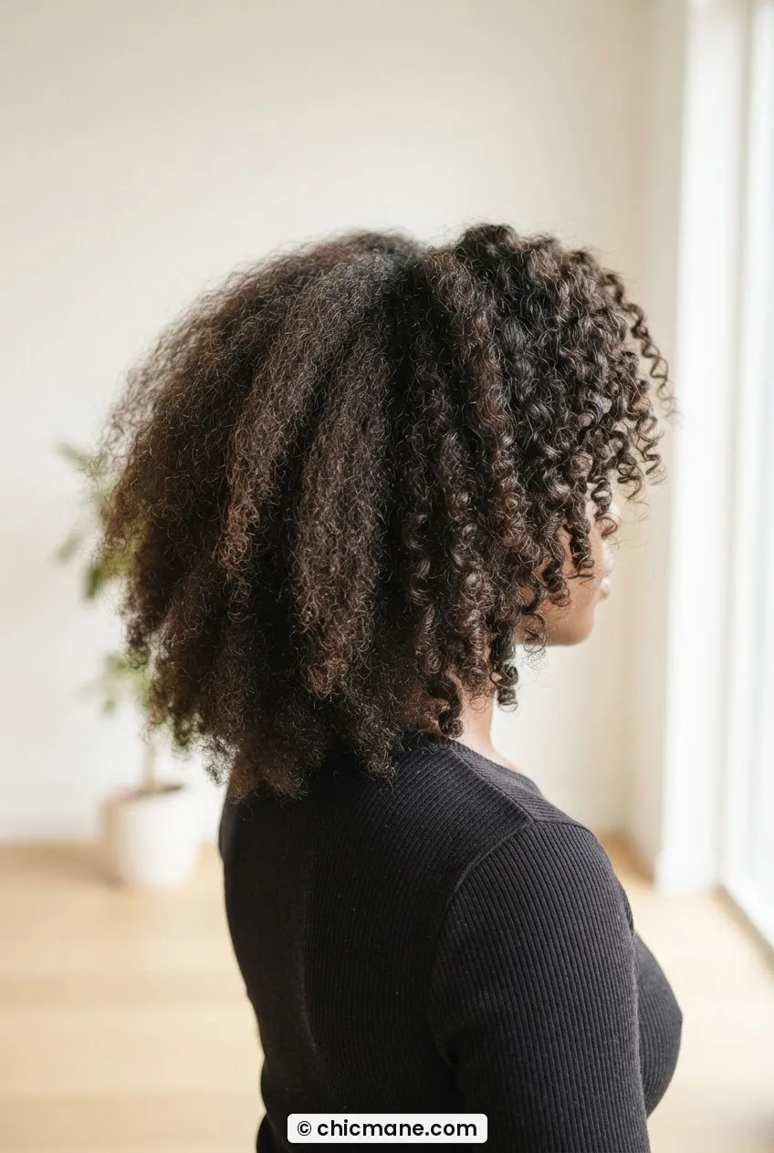 Back three quarter view of woman with thick curly hair in side light revealing cuticle texture and porosity differences