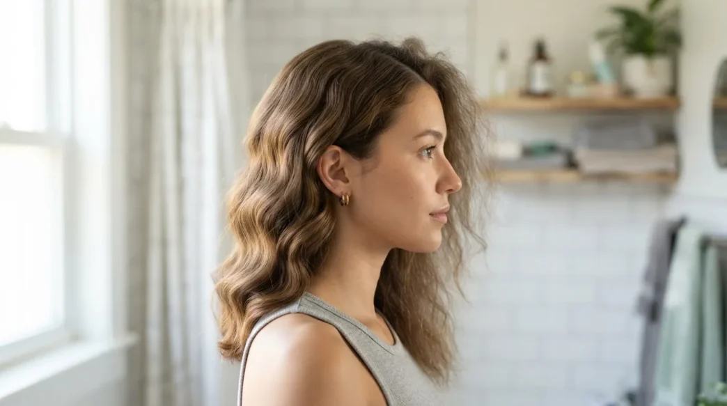 Woman in bathroom with one side of hair styled in waves and the other side still unstyled, showing the sectioning contrast