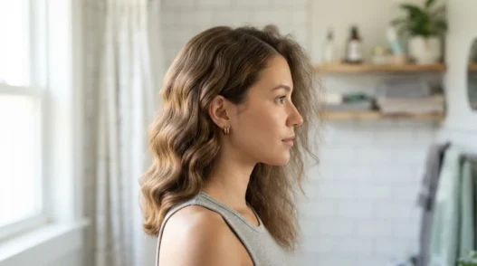 Woman in bathroom with one side of hair styled in waves and the other side still unstyled, showing the sectioning contrast