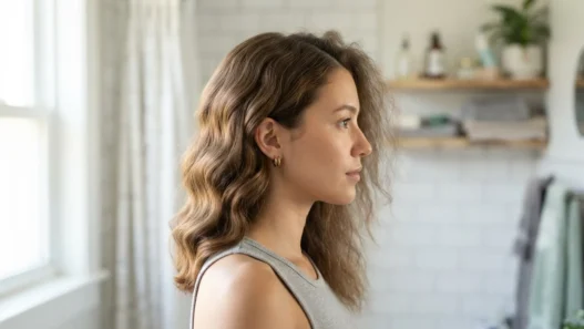 Woman in bathroom with one side of hair styled in waves and the other side still unstyled, showing the sectioning contrast
