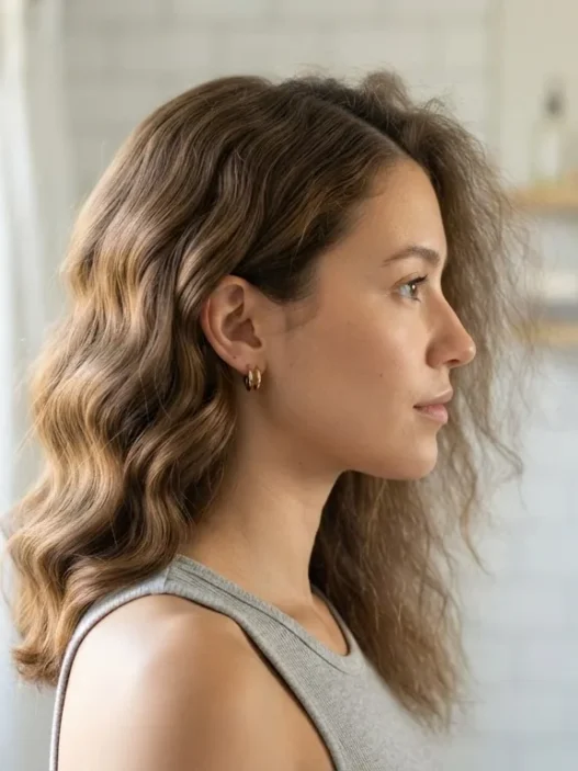 Woman in bathroom with one side of hair styled in waves and the other side still unstyled, showing the sectioning contrast