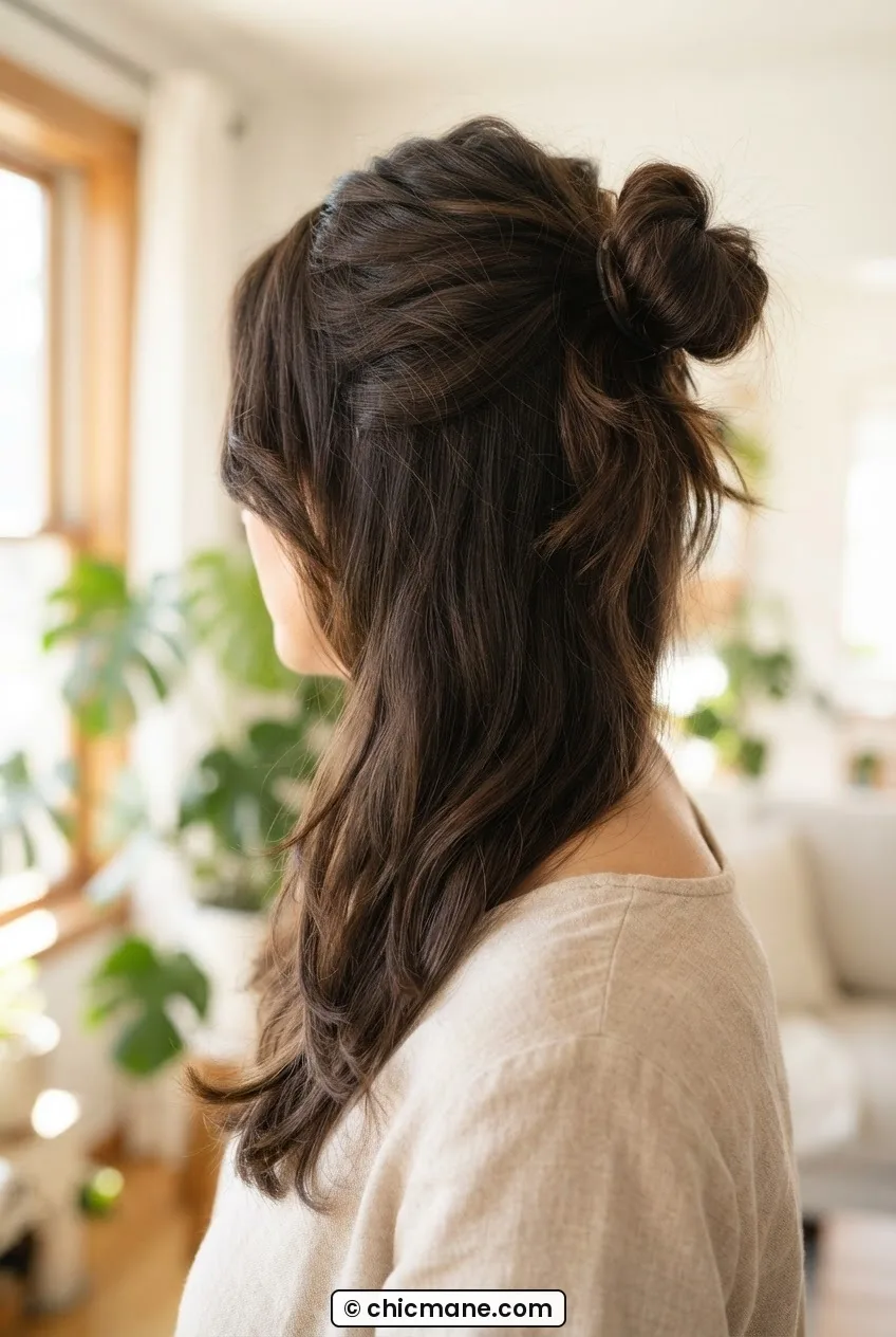 Woman with thick layered hair in a loose half-bun with collarbone-length pieces falling around her face in soft warm light
