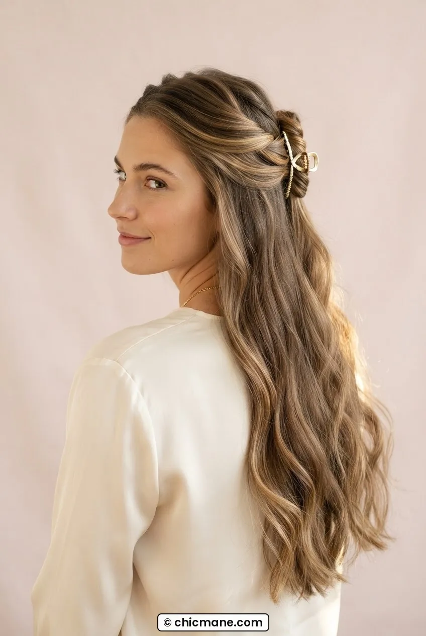 Woman with long hair in loose half-down crown twist secured with claw clip and remaining lengths flowing freely