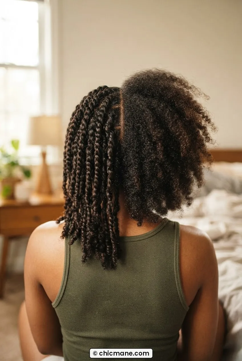 Back view of woman with half natural hair in neat two-strand twists and other half in loose coily sections