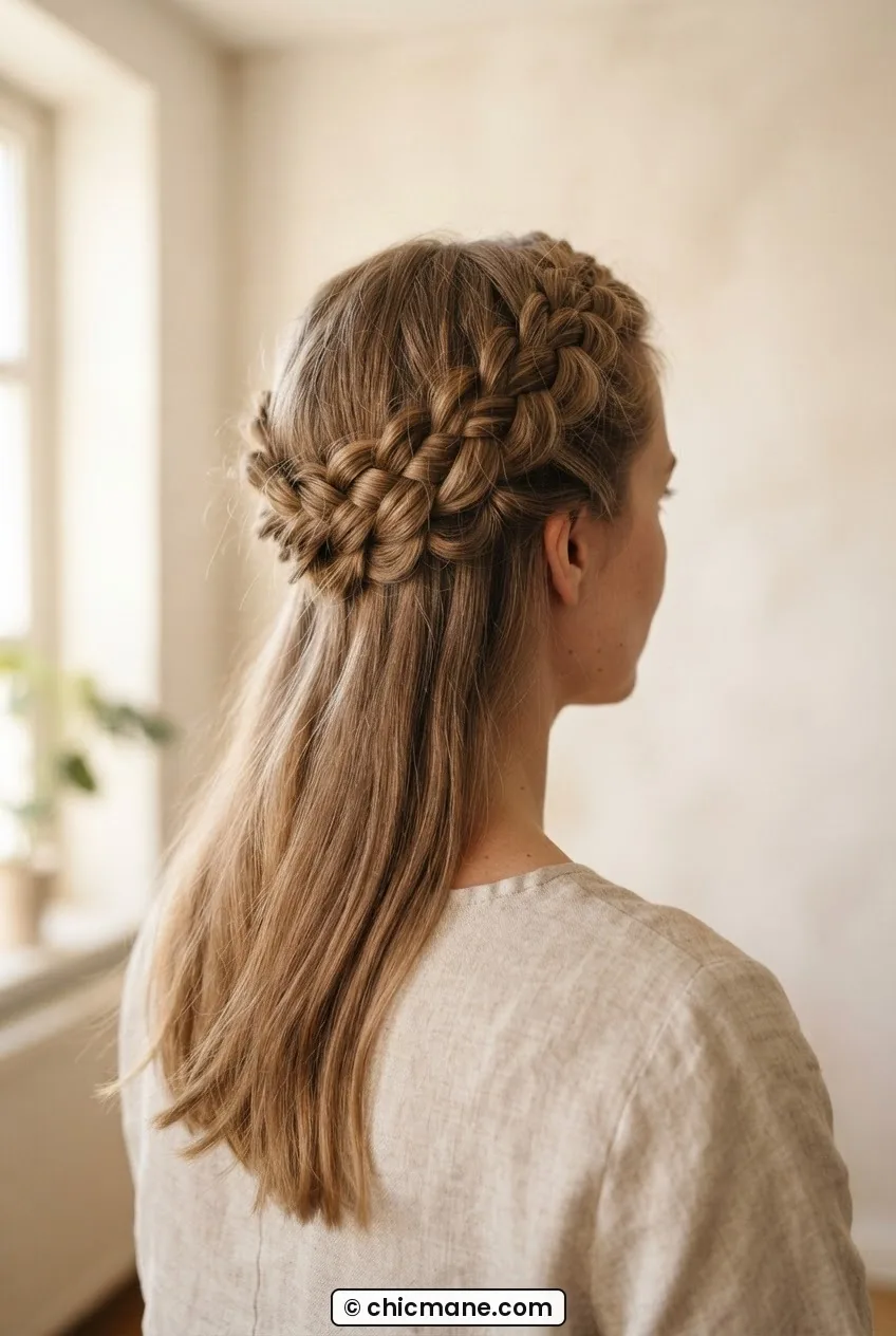 Woman wearing half-up braided crown style with fine hair flowing loose below, warm sidelight showing texture contrast