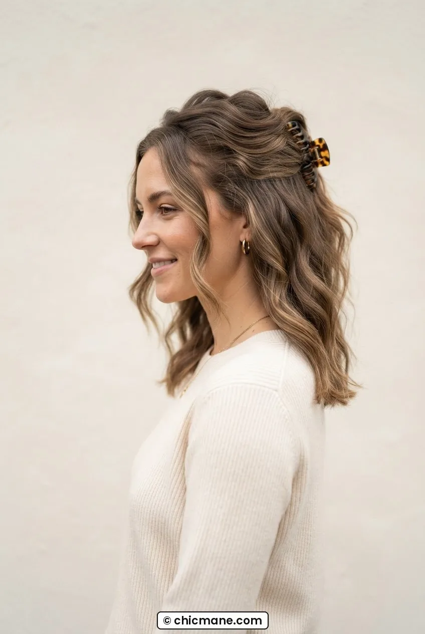 Woman with collarbone-length hair in casual half-up claw clip showing relaxed volume and effortless style