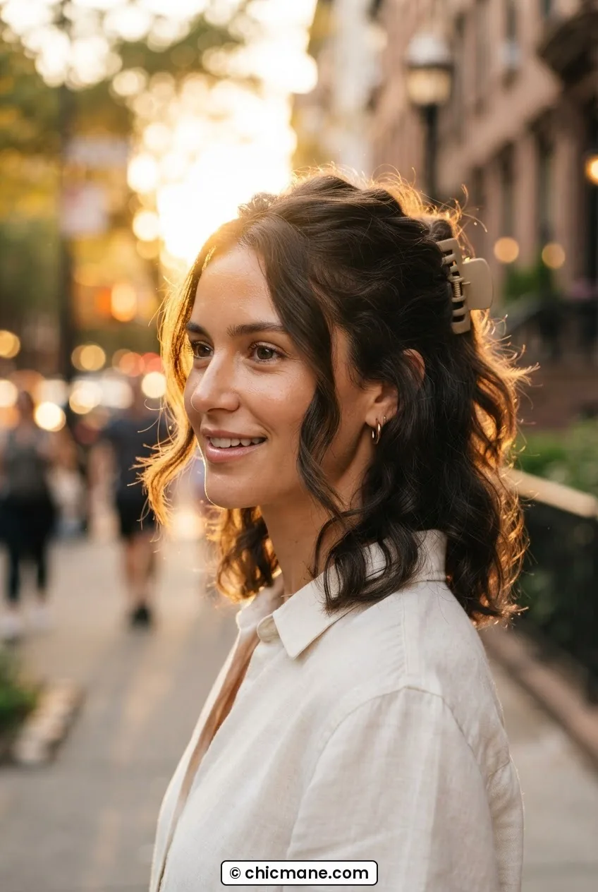 Woman wearing an effortless half-up claw clip style with loose wavy sections framing her face in golden light