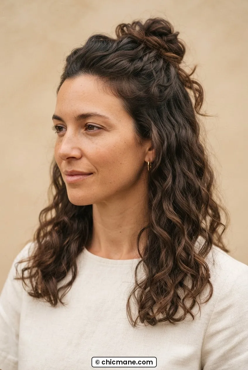 Woman with 3A wavy natural hair in a half-up loose crown knot with hair falling naturally against warm wheat backdrop