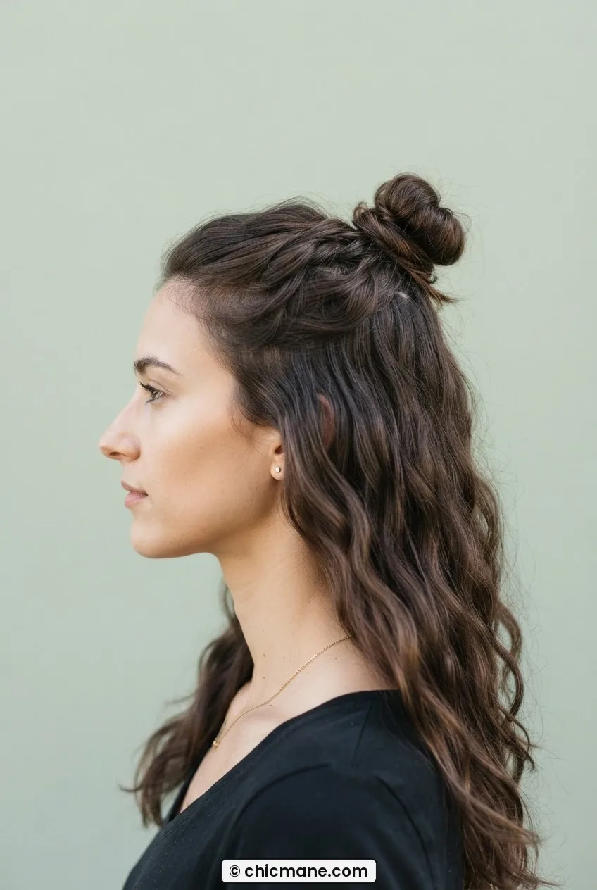 Woman with a half-up mini bun at crown and loose wavy hair falling below, side profile against pale backdrop