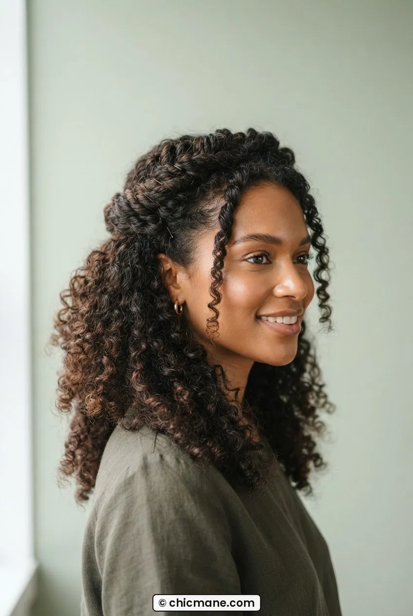 Woman with layered half-up twisted crown style on 3B-3C curls with remaining layers falling freely