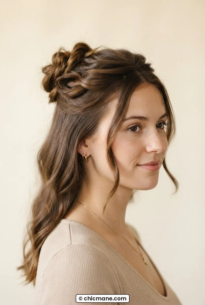 Woman with a half-up twisted knot hairstyle with the top section pinned and loose waves falling below