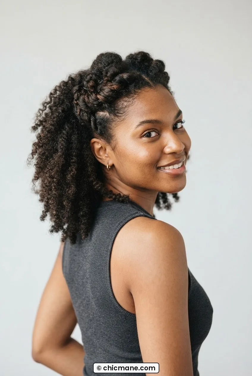 Woman with 4A-4C coily half-up style, structured perimeter and front sections pinned showing length at back