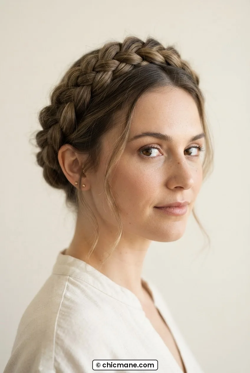Woman with a full halo braid wrapped around the head forming a crown with soft pieces near the ears