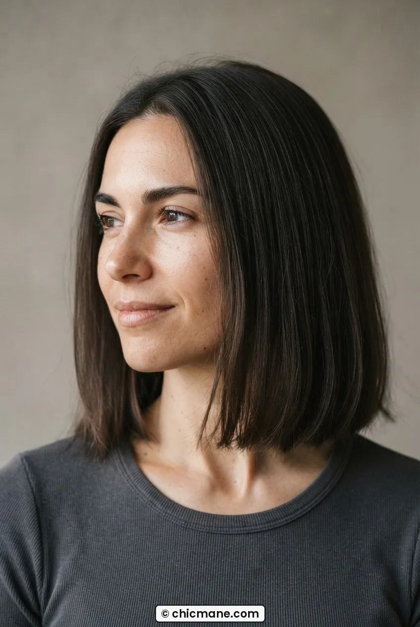 Woman with high-density fine straight hair cut to collarbone length showing individual strand detail in studio light