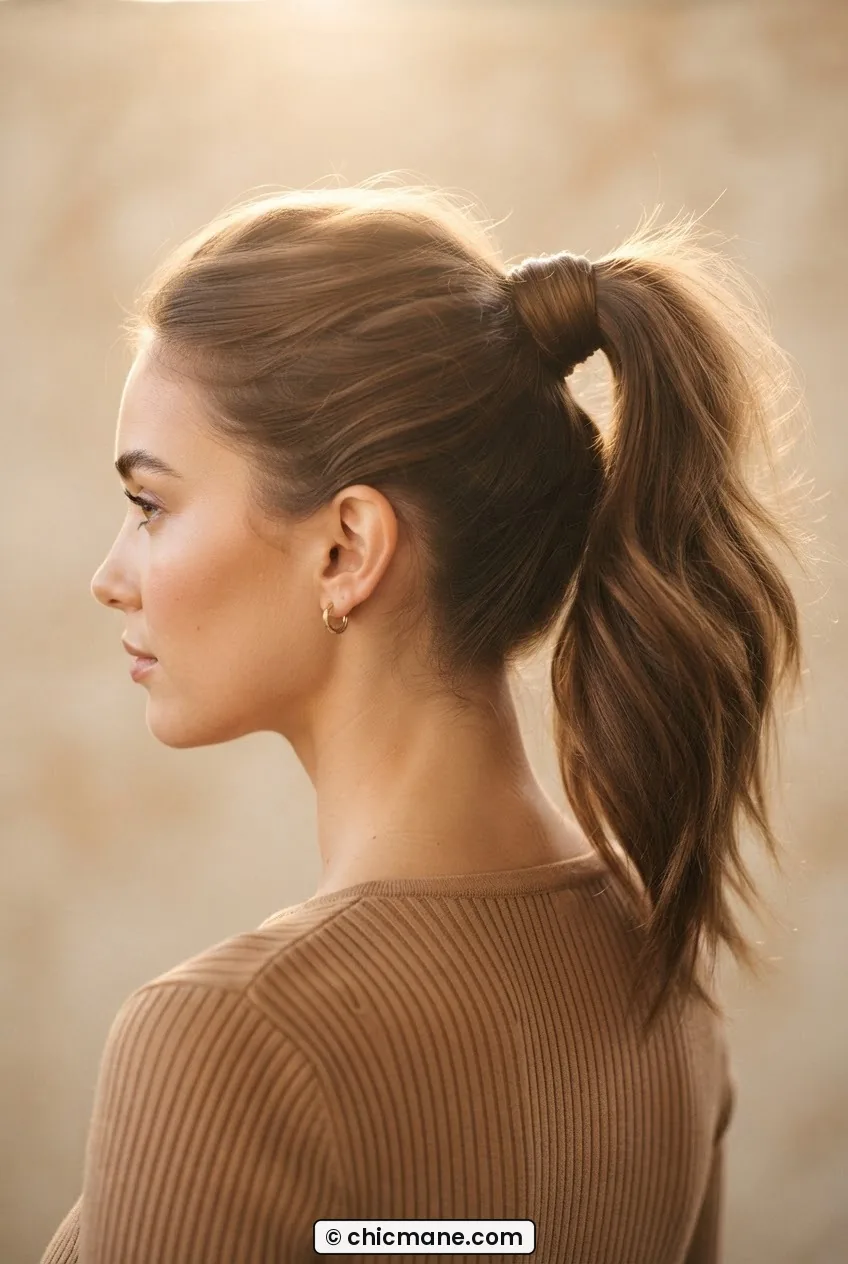 Woman with a high ponytail, base wrapped with a strand of hair, tail fanning out slightly, warm backlight creating a soft halo