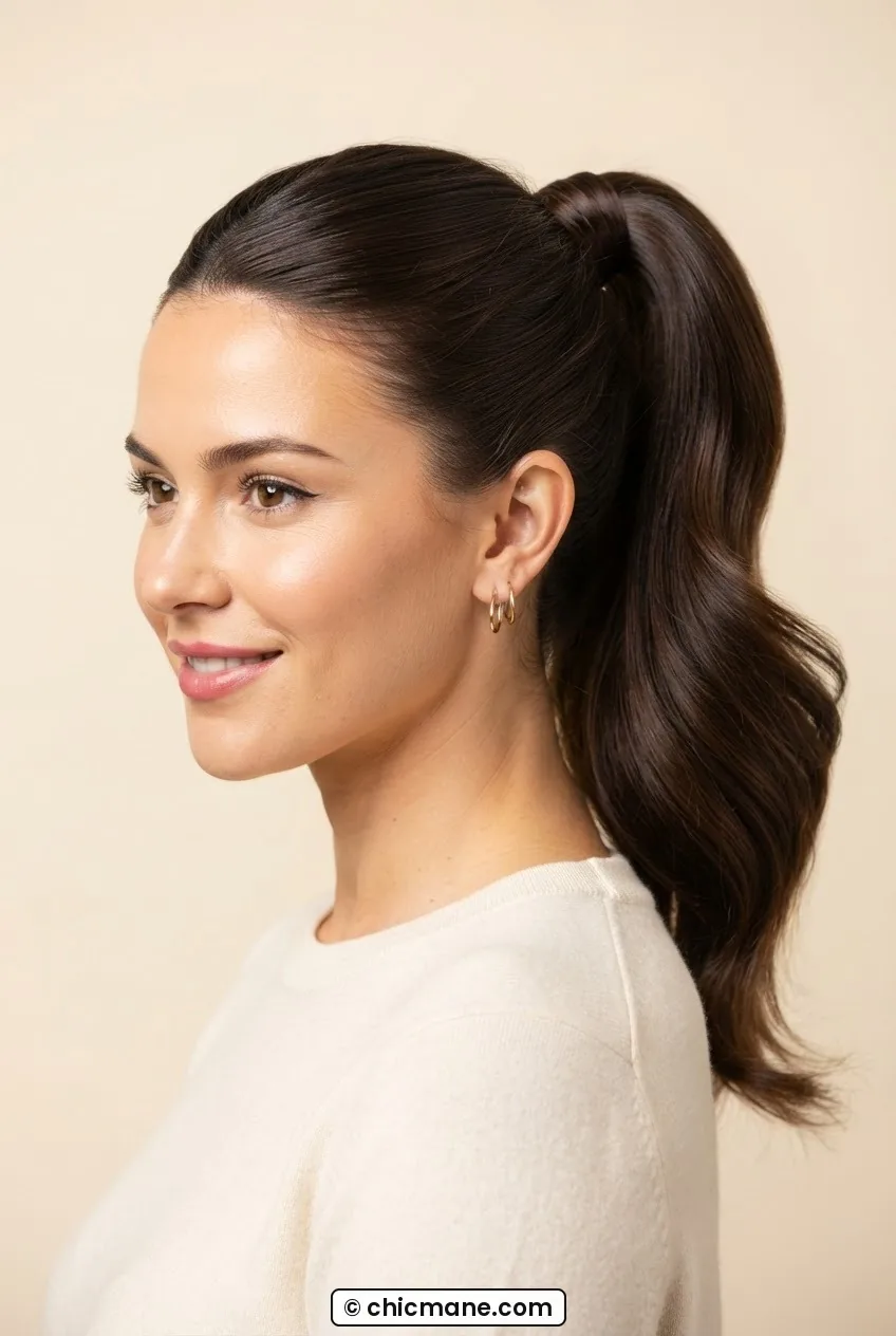 Woman wearing a high ponytail with a thin section wrapped around the elastic base in soft studio light