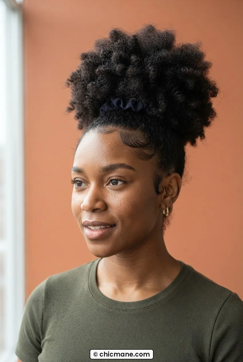 Woman with 4B natural hair in a large high puff at the crown with edges laid, warm terracotta background