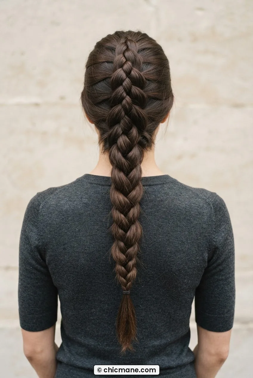 Woman's back showing a geometric infinity braid with figure-eight crossings visible along the full center-back length