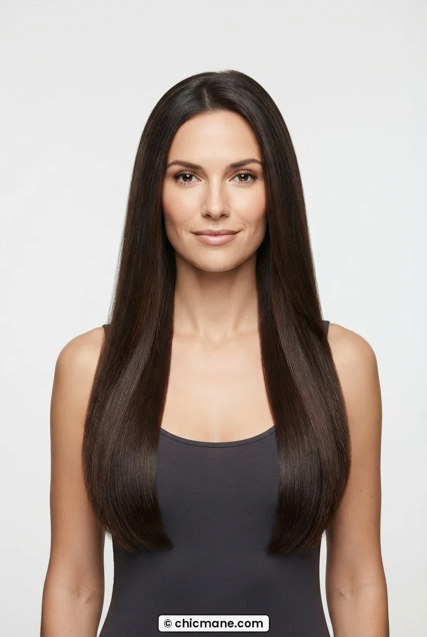 Woman with long straight dark hair featuring invisible internal layers and clean perimeter shine
