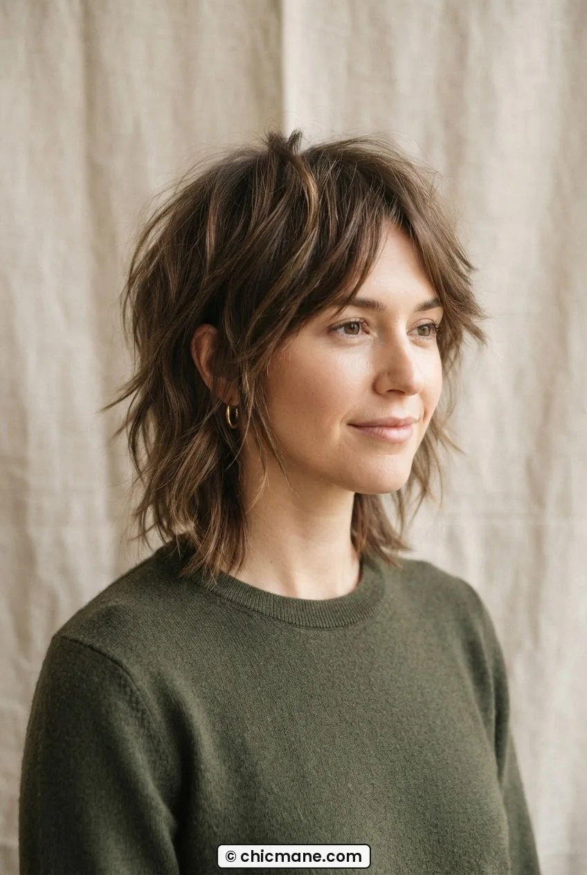 Woman with jaw-length wolf cut featuring shaggy disconnected layers and wispy ends in soft natural side light