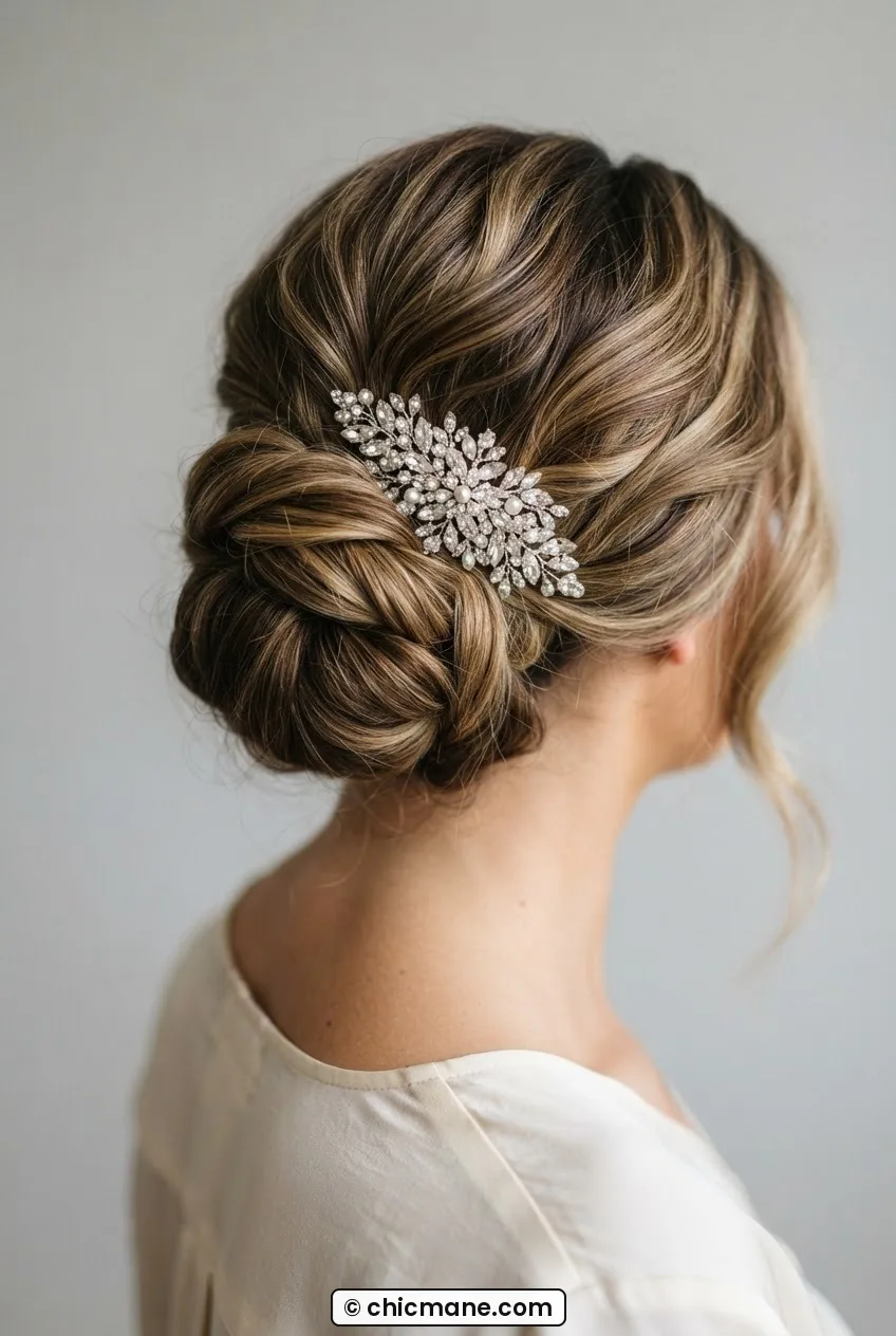 Woman with jewelled hair pin in textured updo twist showing hair movement and dimension, soft indoor light