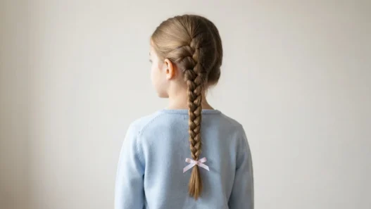 Young girl with a neat French braid running down her back secured with a pastel ribbon in soft indoor light