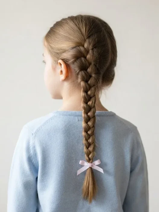 Young girl with a neat French braid running down her back secured with a pastel ribbon in soft indoor light