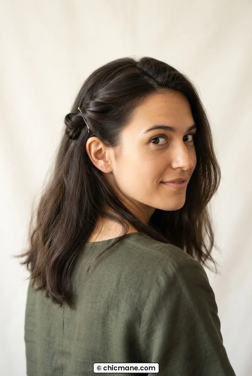 Woman with medium dark hair showing one thin front section knotted and pinned behind ear with gold bobby pin