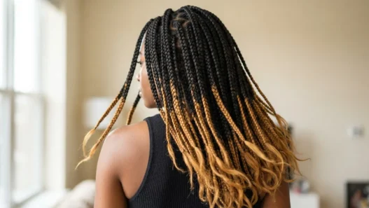 Woman with long honey-tipped knotless box braids viewed from back, showing weight and swing in soft window light