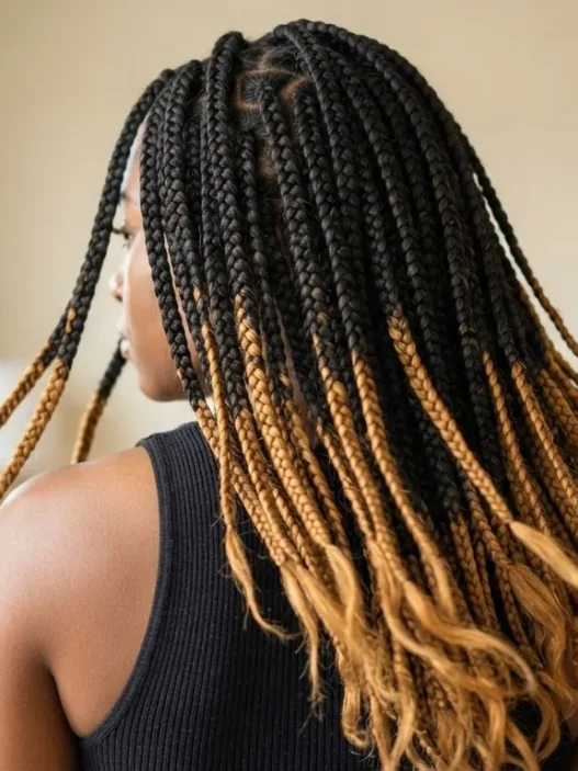 Woman with long honey-tipped knotless box braids viewed from back, showing weight and swing in soft window light