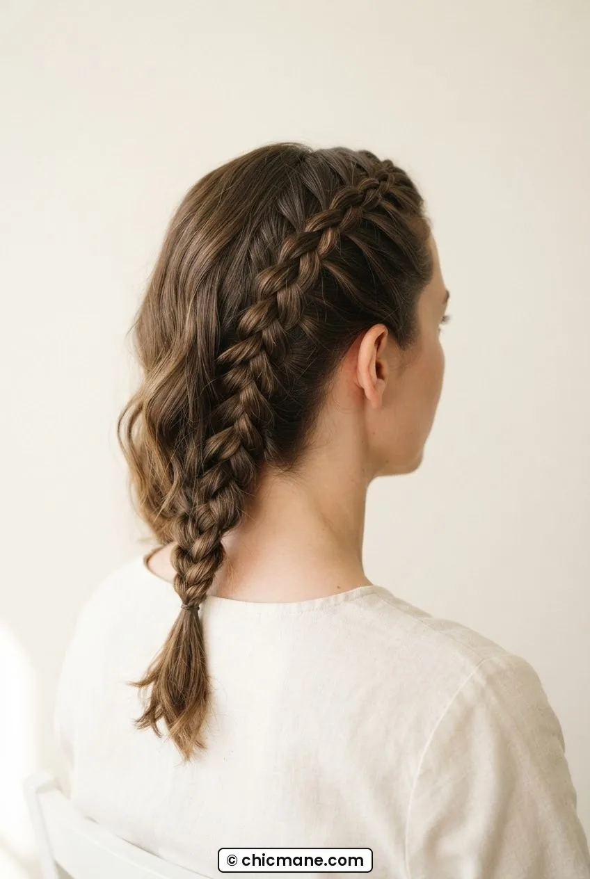 Side-back view of a woman's lace braid traveling along the hairline with loose strands cascading from the open lower edge