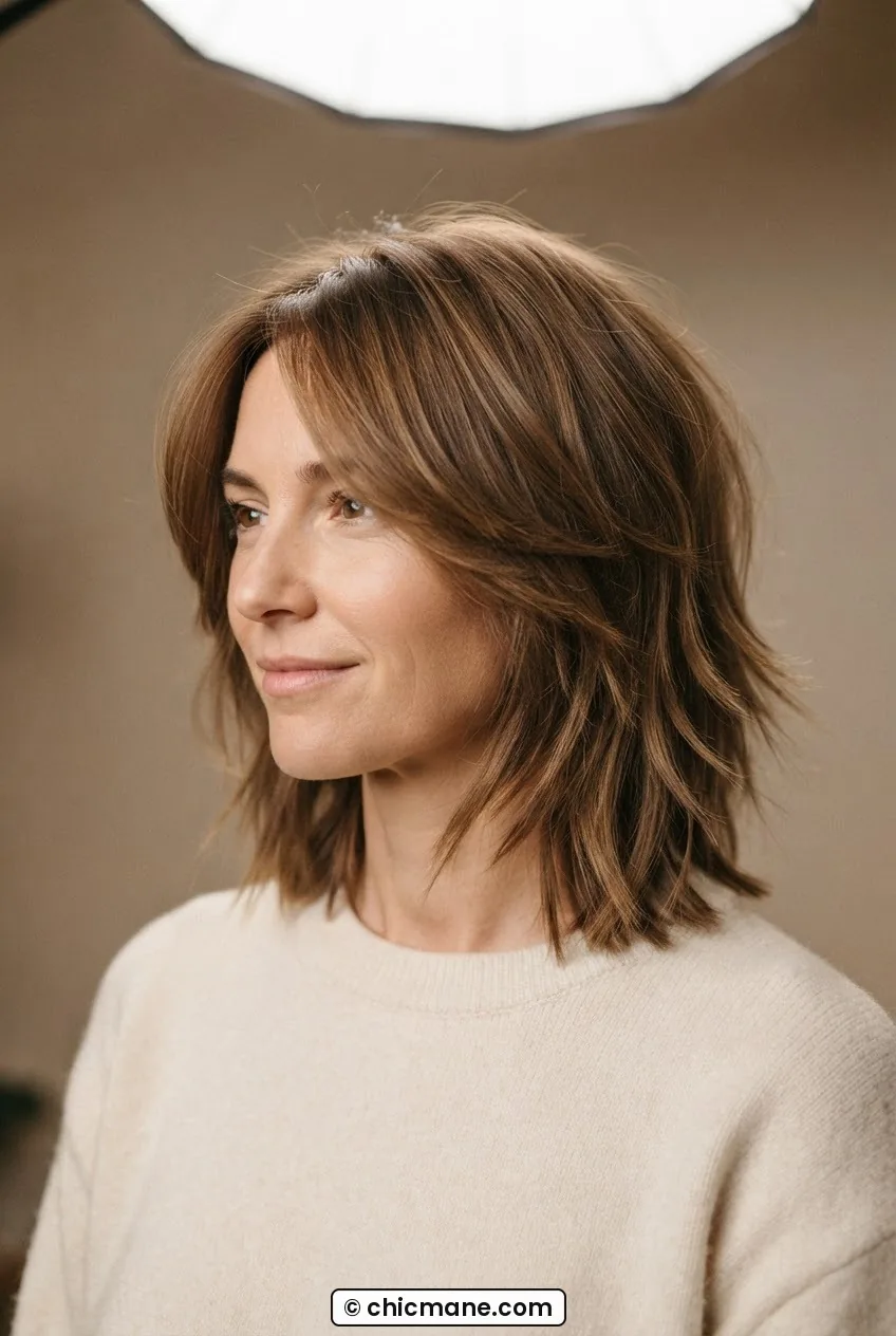Woman with layered collarbone-length cut showing fanned-out ends and movement under soft diffused overhead light