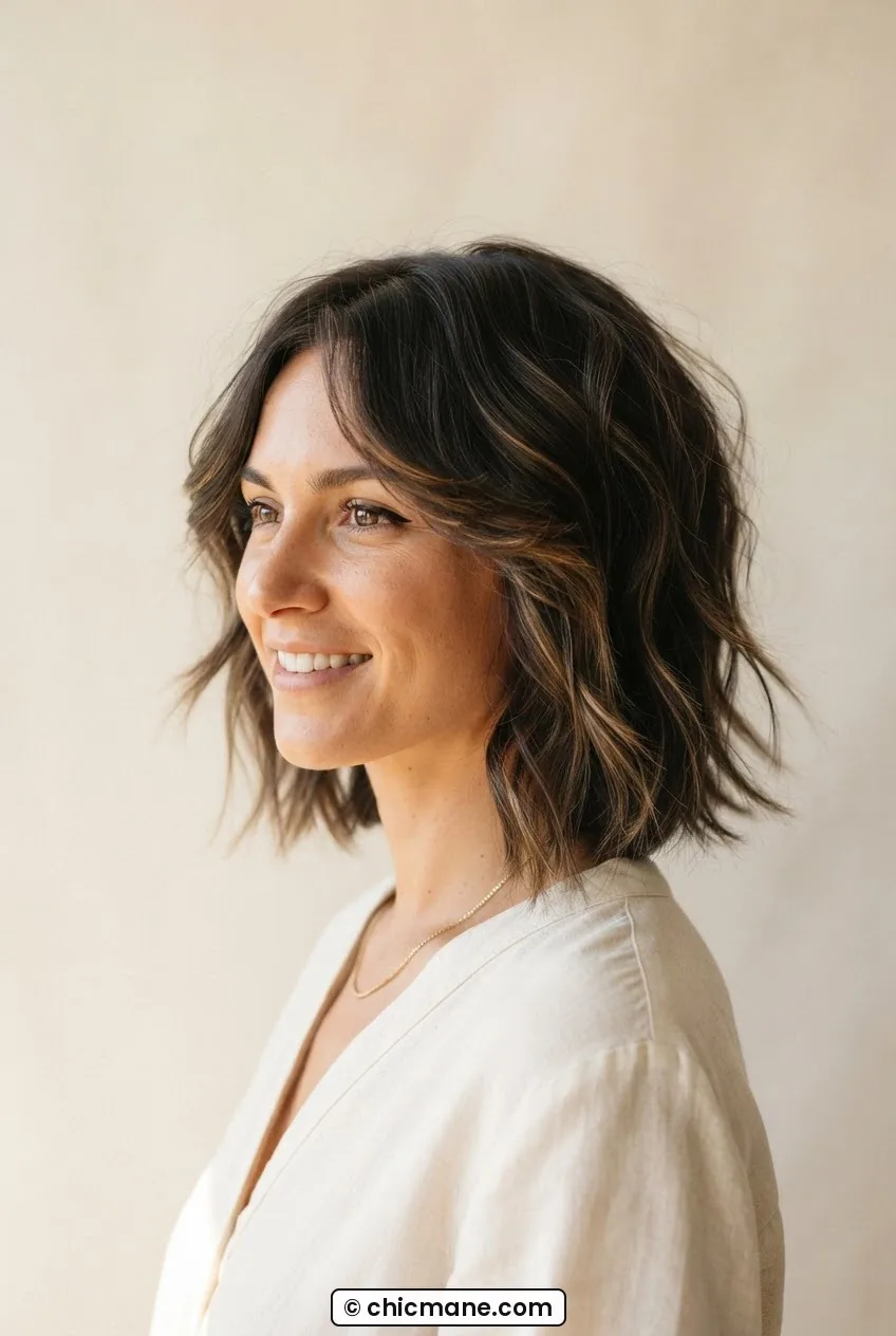 Woman with layered jaw-length wavy haircut showing soft feathered ends and face-framing layers