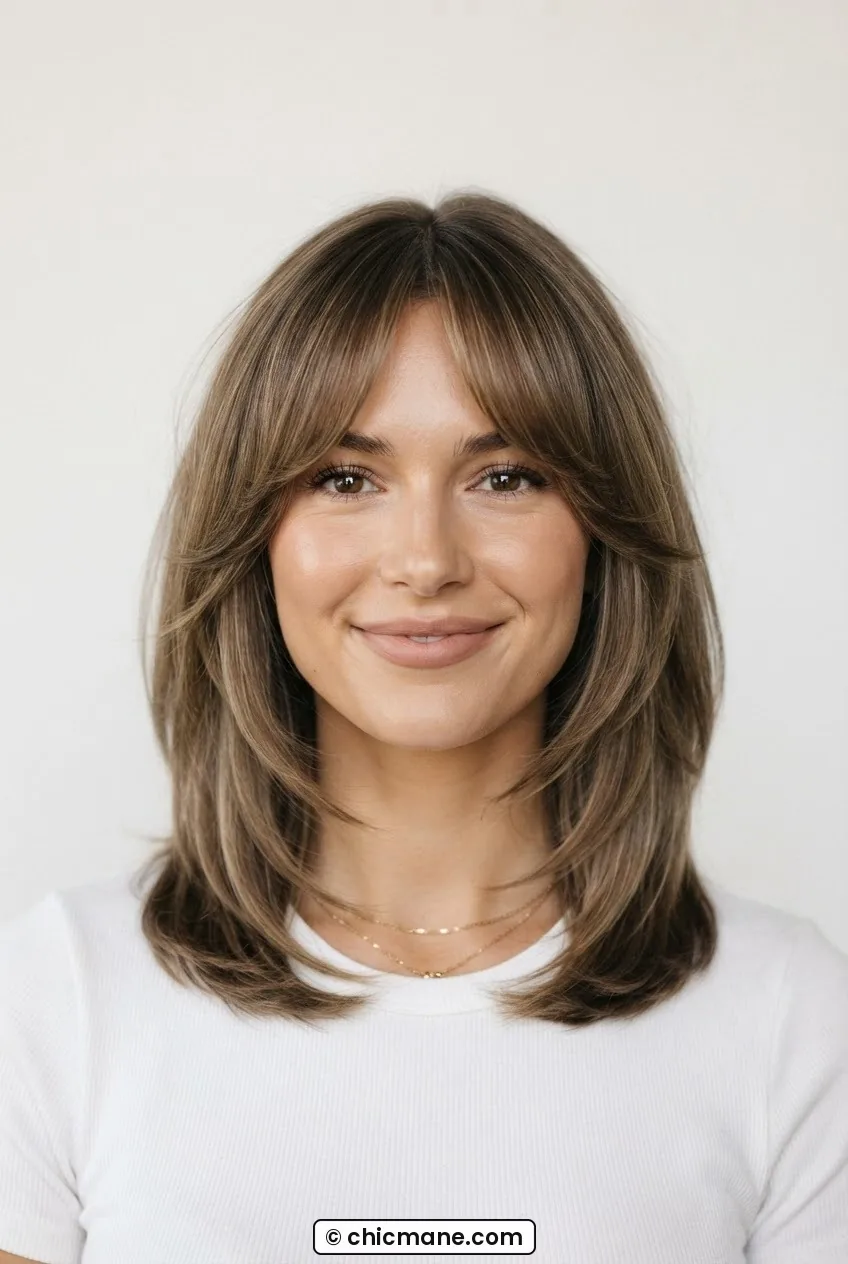 Woman with layered collarbone lob and soft curtain bangs parted in center in front-facing beauty catalogue portrait