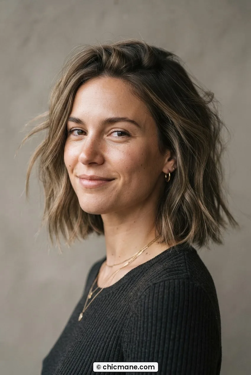 Woman with a contemporary textured lob showing soft movement and natural volume in warm grey studio