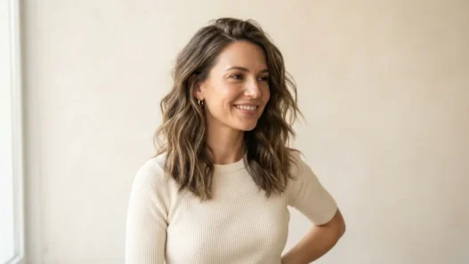 Woman with softly tousled lived-in collarbone-length waves against warm cream backdrop in soft directional light