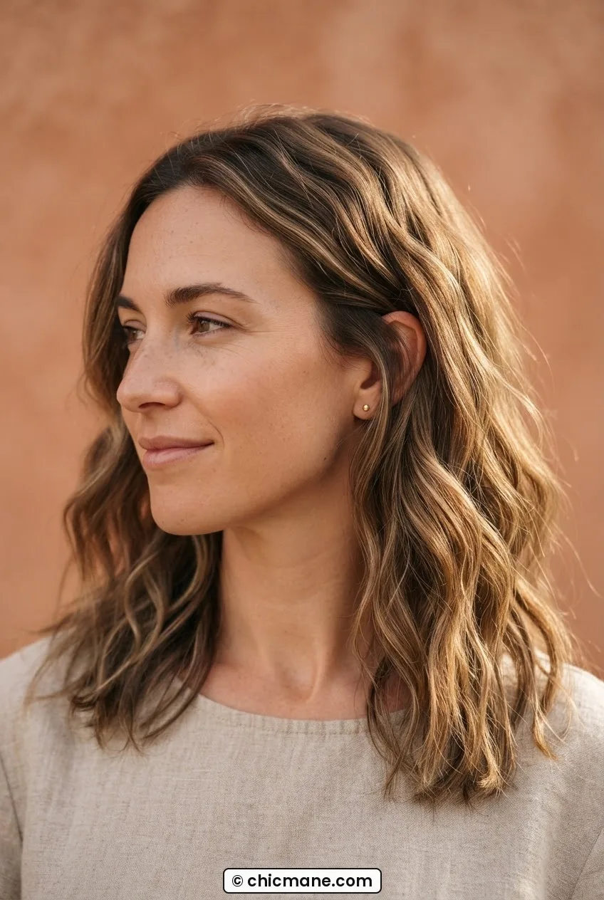 Woman with softly tousled lived-in waves showing variation in wave pattern under warm raking side light, terracotta backdrop