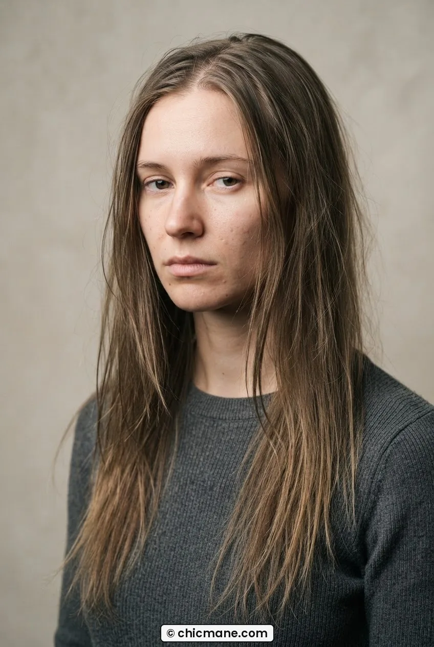 Woman with long heavily layered hair falling limp past shoulders, ends visibly thin and wispy, flat overhead light, neutral backdrop