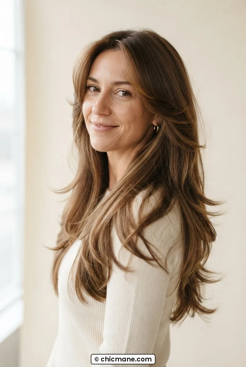 Woman with past-the-shoulder layered cut showing face-framing pieces and cascading body layers in salon light