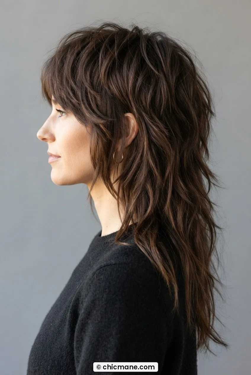 Woman with long layered shag haircut in deep chocolate brown, cascading uneven layers catching warm dimensional light