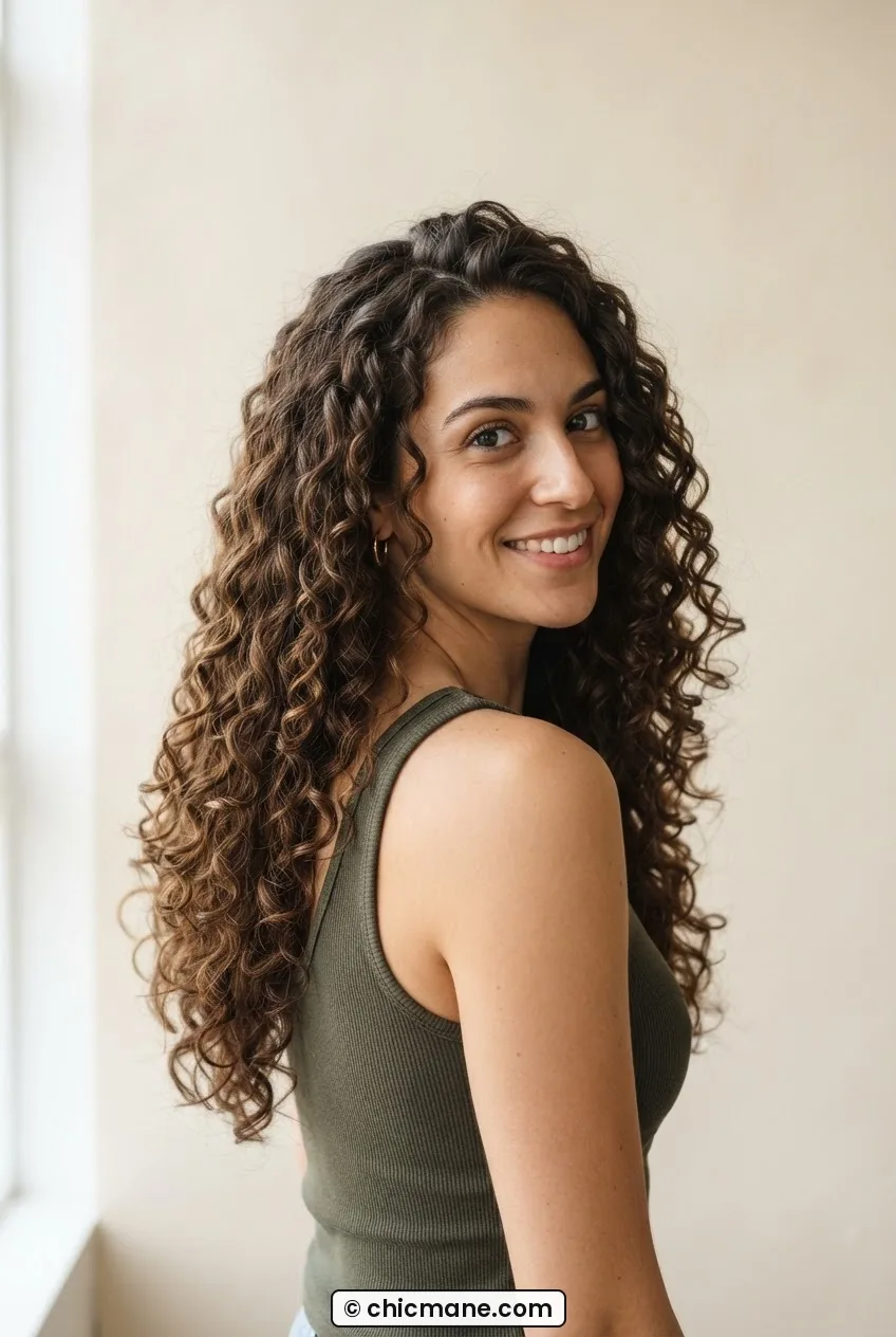 Woman with long 3B ringlet layers reaching mid-back, each spiral catching soft warm ivory-toned side light