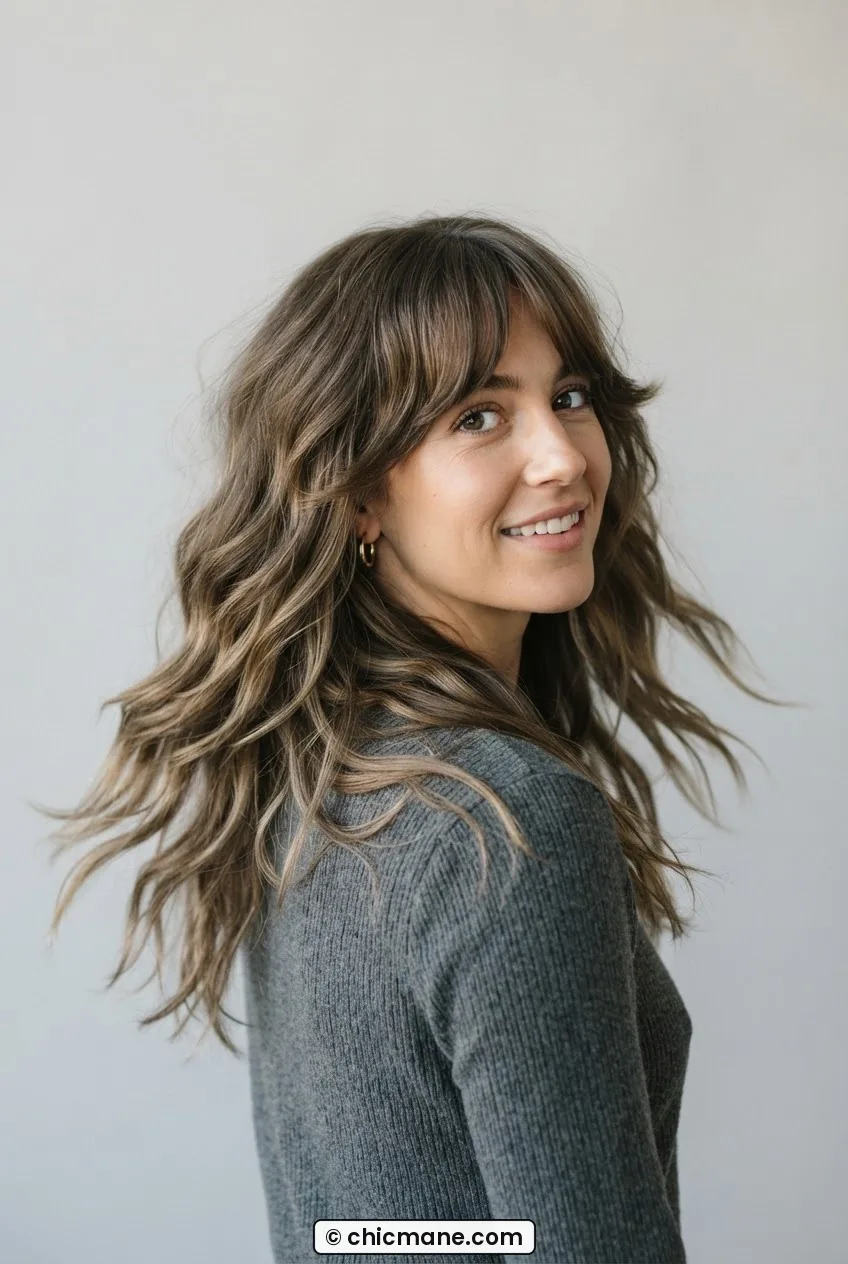 Woman with 2B wave texture in long shag with curtain bangs, layers separating as she turns against grey backdrop