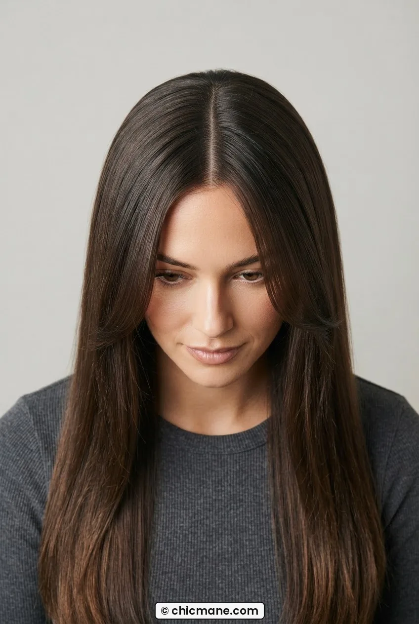 Overhead view of long straight hair with subtle face-framing layers cut to cheekbone showing soft lateral movement at front