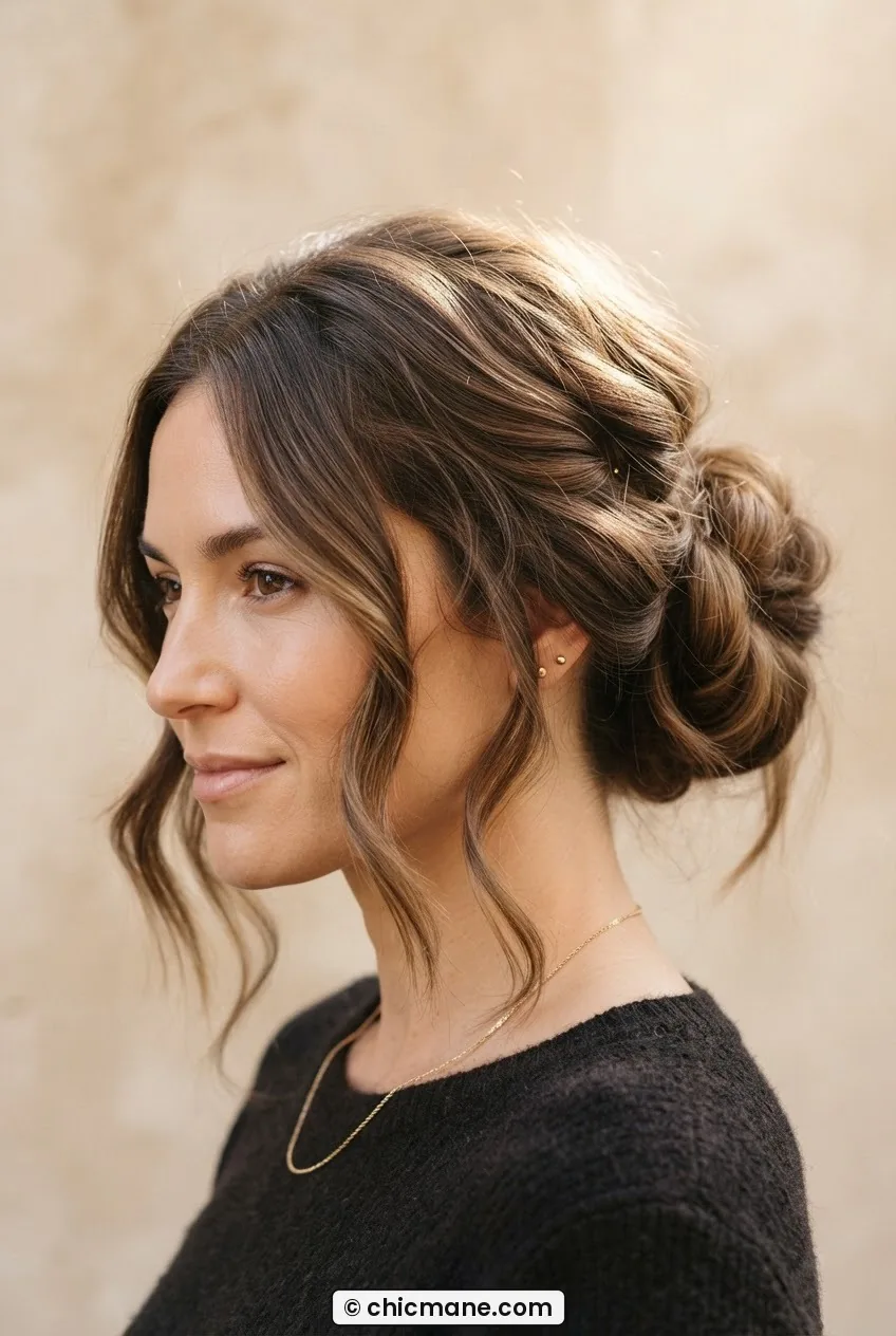 Woman with a loosely pinned blowout bun at the nape, face-framing pieces falling forward, soft directional light from upper right