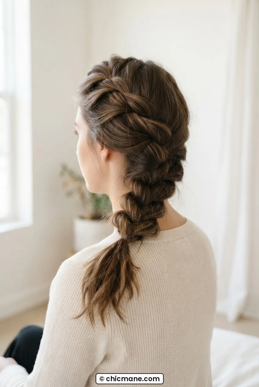 Woman with loose French braid falling from crown to nape, natural texture and relaxed tension visible in side lighting