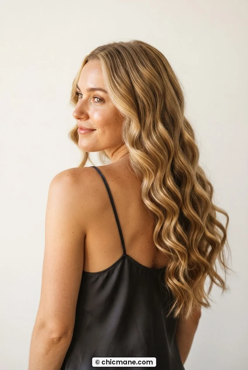 Woman with long honey-blonde hair in loose alternating S-wave bends catching warm side light at every curve throughout