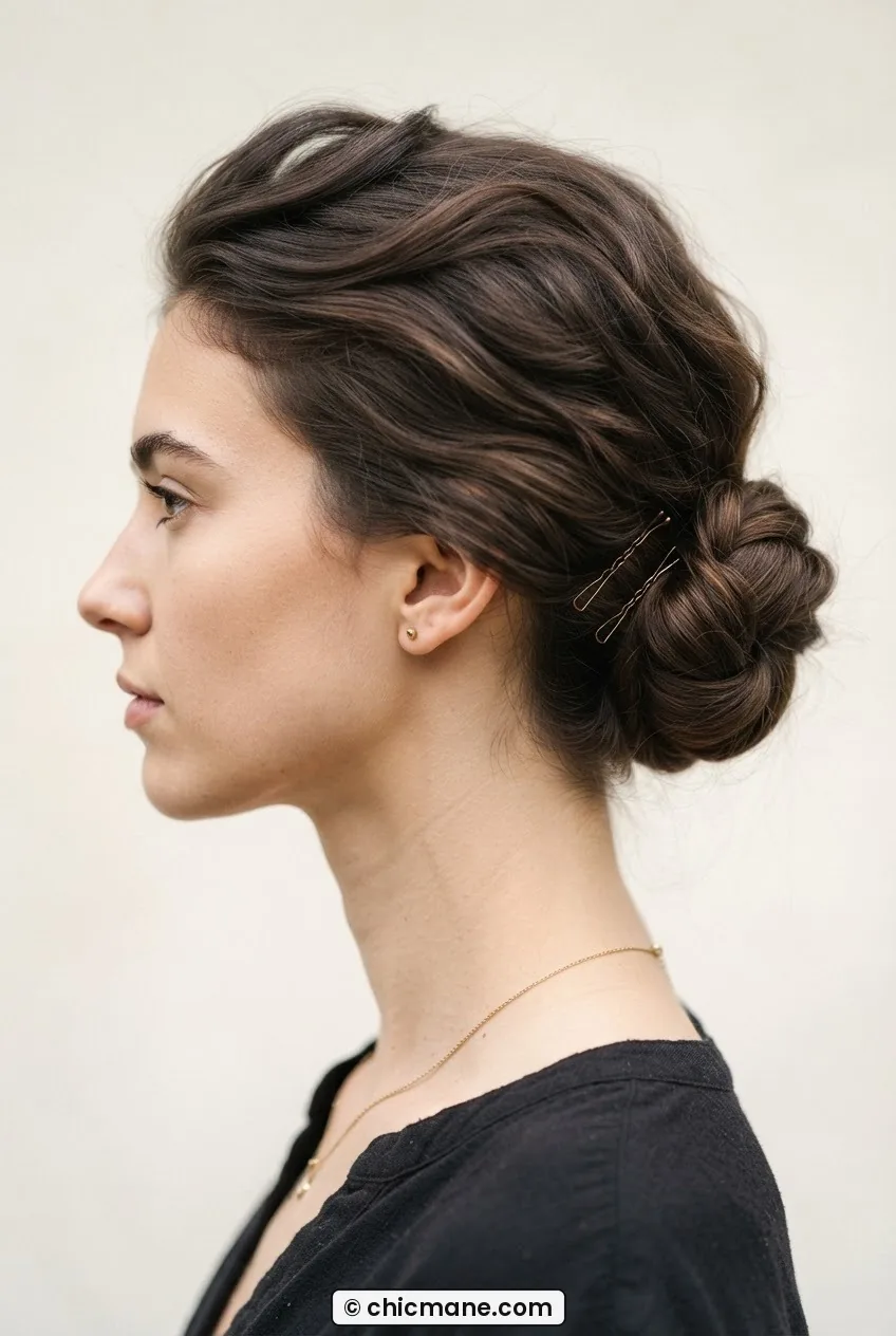 Woman with a low chignon and slightly textured crown showing bobby pins sharply defined at the nape