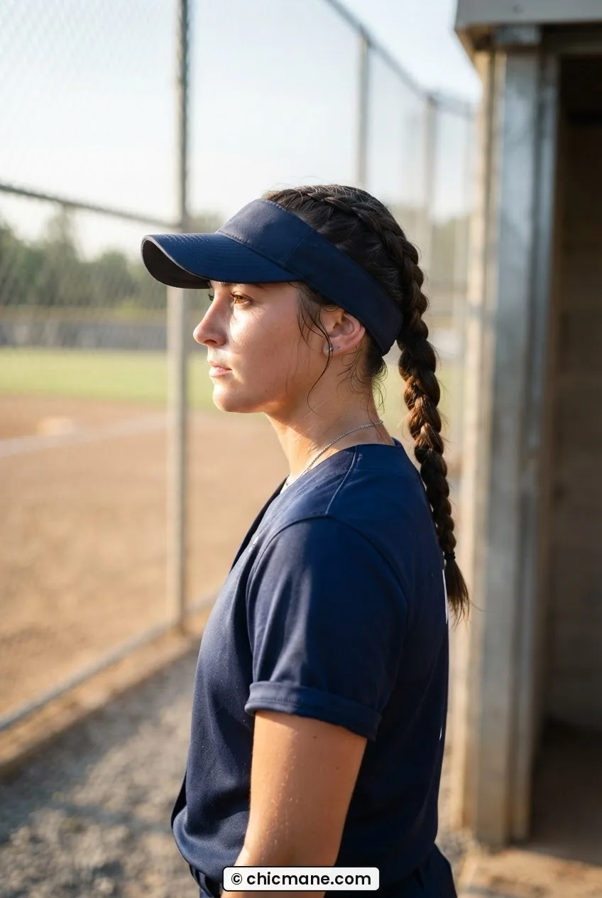 Woman wearing tight low Dutch braid under softball cap outside a dugout in early morning light
