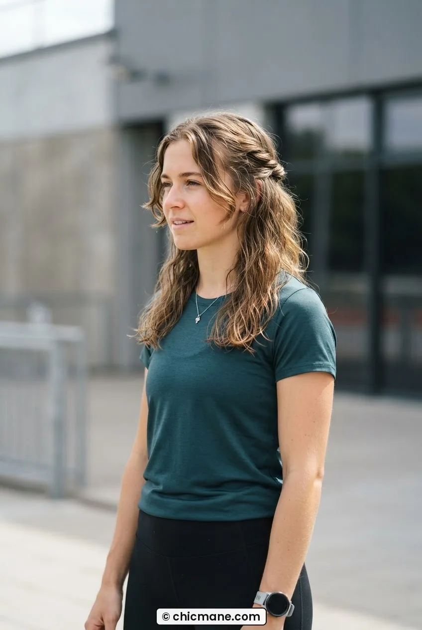 Woman with medium-length hair in loose low half-up twist outside sports facility in bright side light